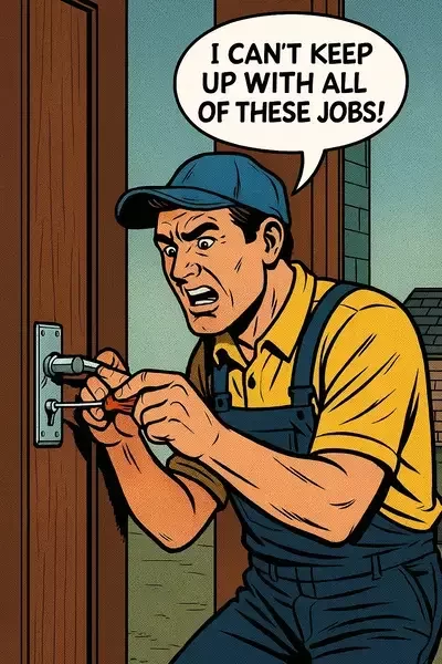 Comic-style illustration of a stressed plumber at a desk with pipes behind him, glancing at a computer flowchart and notebook, saying “I CAN’T KEEP TRACK OF THESE JOBS!”