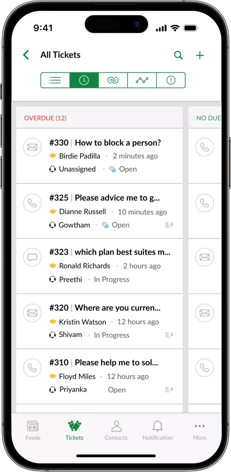 Mobile ticket list showing overdue and in-progress support requests.