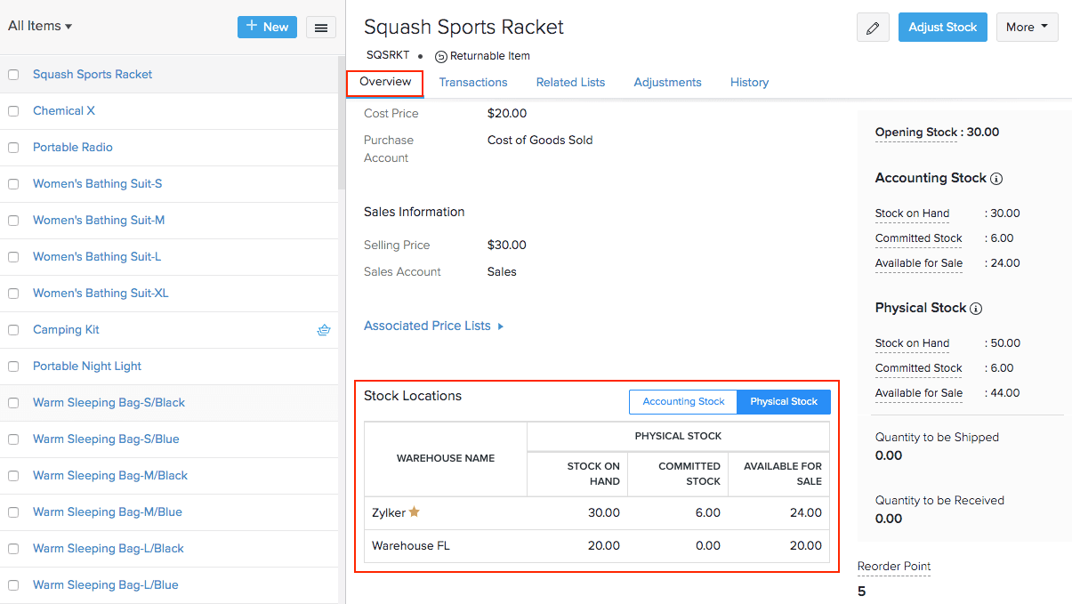 This image shows the item overview screen in Zoho Inventory for a squash sports racket, displaying accounting and physical stock details, including stock levels across multiple warehouse locations.