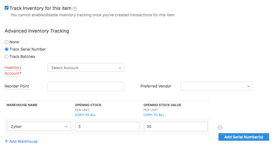 This image shows the advanced inventory tracking settings in Zoho Inventory, where serial number tracking is enabled, along with warehouse-level stock and value input fields.