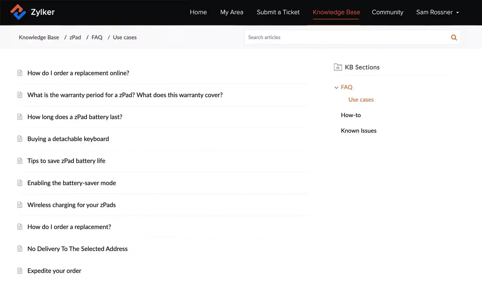 Knowledge base page listing FAQs and help articles.