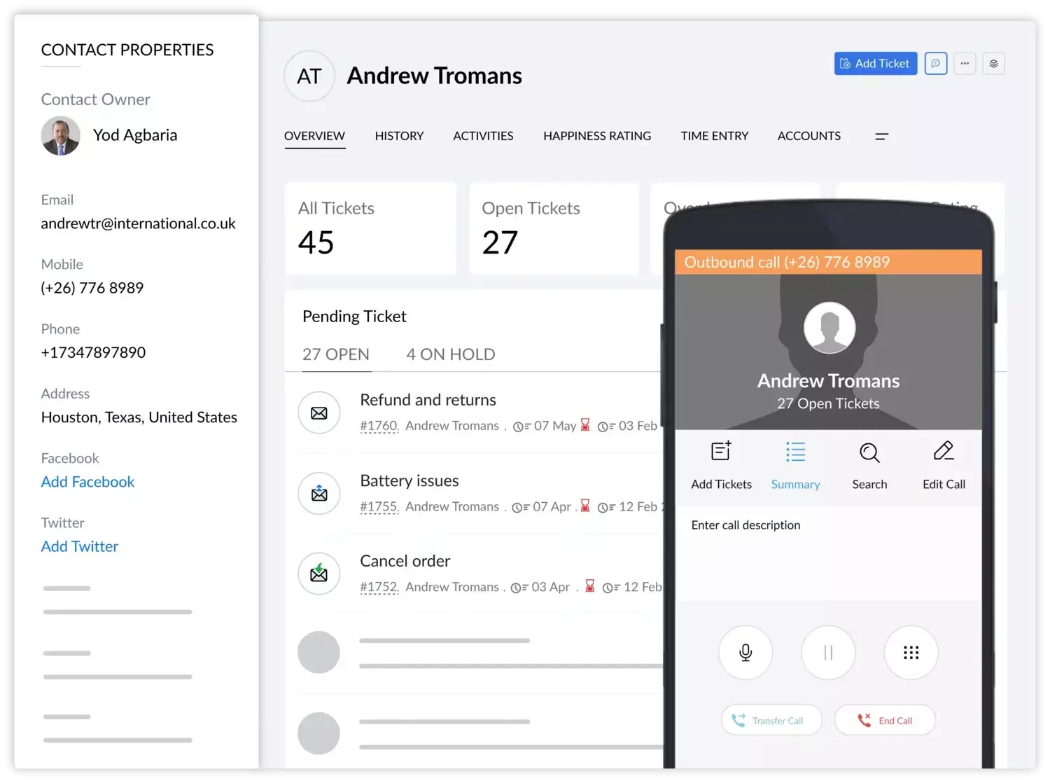 Contact profile view showing customer details and open tickets on the left and a mobile call interface overlay on the right.