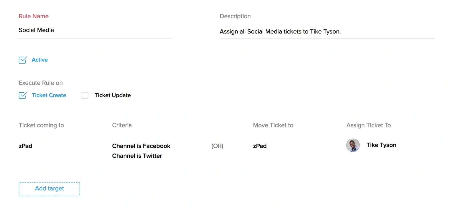 Automation rule named “Social Media” set to assign tickets from Facebook or Twitter to a specific agent.