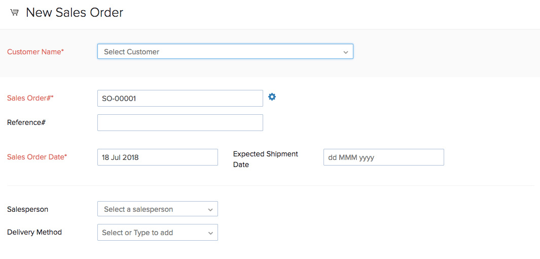 This image shows the "New Sales Order" entry screen in Zoho Inventory, where users can input customer details, sales order number, order date, delivery method, and expected shipment date.