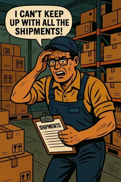 This image shows a comic-style illustration of a stressed warehouse worker in overalls holding a clipboard labeled "Shipments," surrounded by boxes and saying, "I can't keep up with all the shipments!"