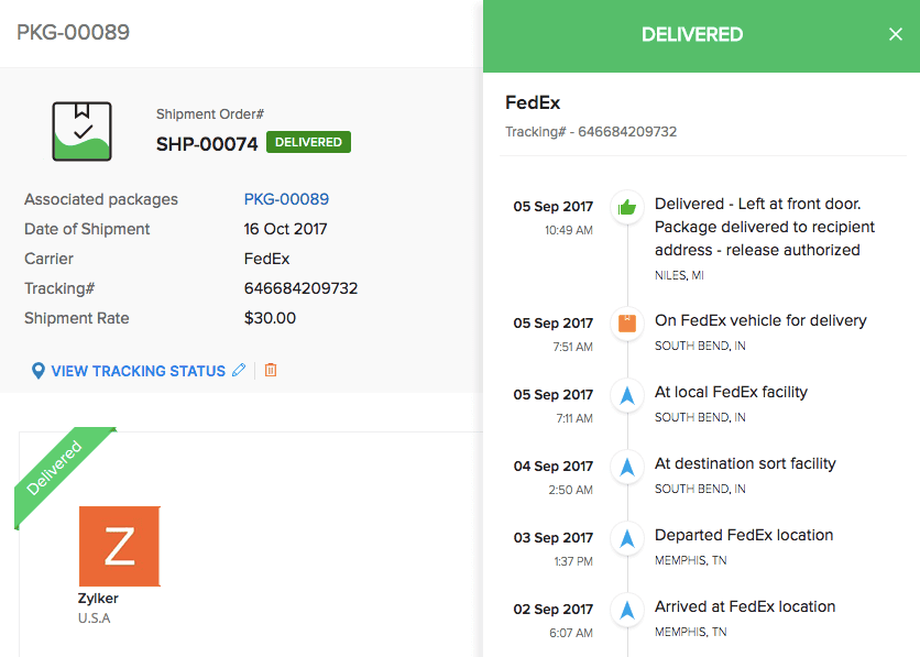 This image shows a Zoho Inventory shipment tracking screen with FedEx delivery status, including carrier details, tracking number, shipping timeline, and confirmation of successful delivery.