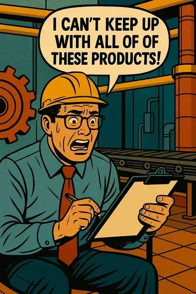 This image shows a comic-style illustration of a stressed factory worker in a hard hat, holding a clipboard and saying, "I can't keep up with all of these products!" in a factory setting.