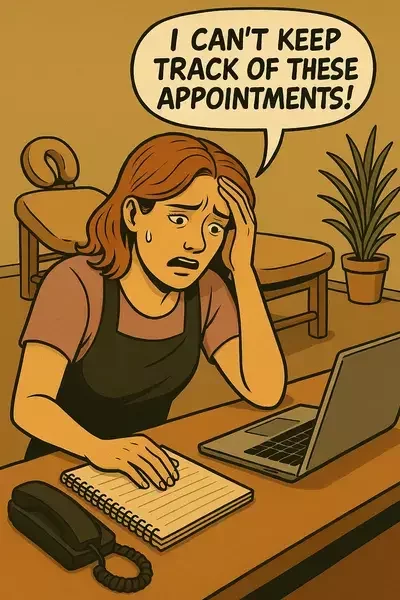 Comic-style illustration of a stressed salon receptionist seated at her desk, clutching her forehead as she looks at an open notebook and laptop, with a speech bubble above her head reading “I CAN’T KEEP TRACK OF THESE APPOINTMENTS!” against a warmly lit salon backdrop.