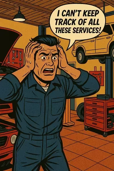 This image shows a comic-style illustration of a stressed mechanic in a jumpsuit inside a garage, holding his head with a speech bubble that says, "I CAN'T KEEP TRACK OF ALL THESE SERVICES!"