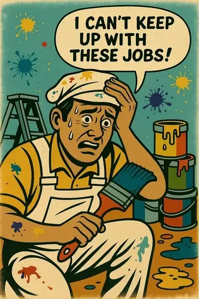 Frustrated construction worker on-site saying, "I CAN’T ORGANISE THESE PROJECTS!" with cranes and a building in the background.