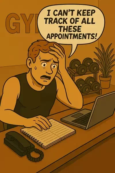 Comic-style illustration of a stressed salon receptionist seated at her desk, clutching her forehead as she looks at an open notebook and laptop, with a speech bubble above her head reading “I CAN’T KEEP TRACK OF THESE APPOINTMENTS!” against a warmly lit salon backdrop.