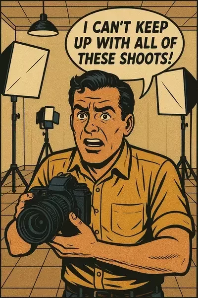 This image shows a comic-style illustration of a stressed photographer in a studio holding a camera, with a speech bubble that reads, "I CAN'T KEEP UP WITH ALL OF THESE SHOOTS!"