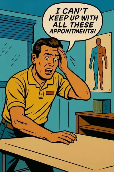 This image shows a worried man in a therapy room with a speech bubble saying, "I can't keep up with all these appointments!"
