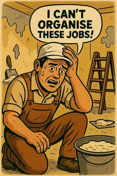 This image shows a cartoon-style plasterer in a distressed state, sweating and kneeling beside a bucket of plaster with tools and a ladder in the background. A speech bubble above him says, “I can’t organise these jobs!”