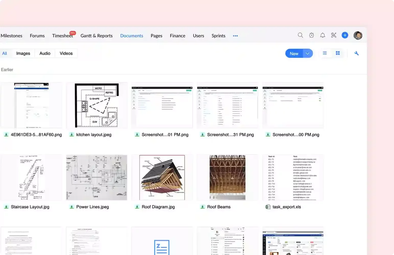 Zoho Projects document management interface showing various uploaded files including blueprints, diagrams, images, and spreadsheets.