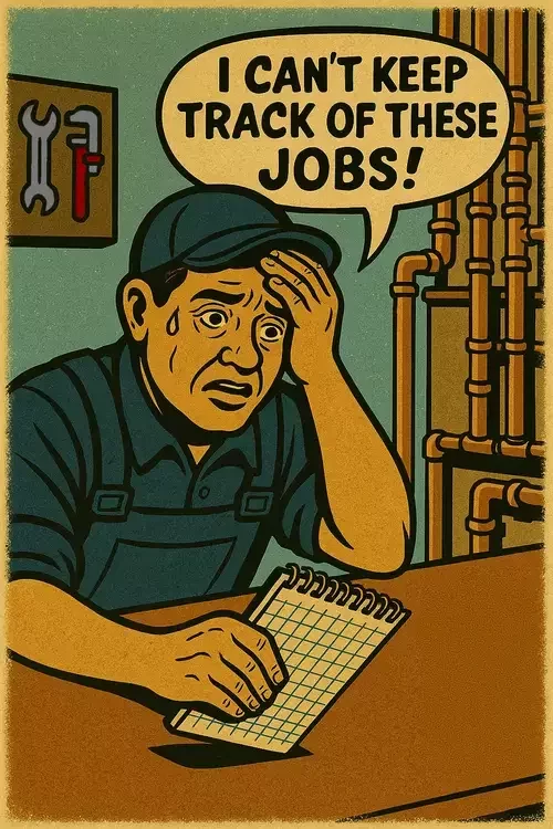 Comic-style illustration of a stressed plumber at a desk with pipes behind him, glancing at a computer flowchart and notebook, saying “I CAN’T KEEP TRACK OF THESE JOBS!”