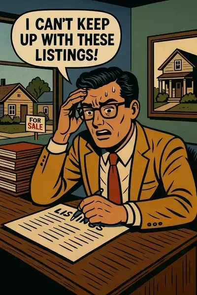 This image shows a comic-style illustration of a stressed real estate agent at his desk, holding his head with one hand and saying, "I can't keep up with these listings!" while surrounded by paperwork and a visible "For Sale" sign outside the window.