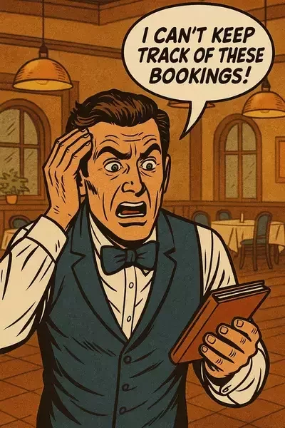 This image shows a comic book-style illustration of a stressed waiter in a restaurant holding a booking ledger, with a speech bubble that says, "I can't keep track of these bookings!"