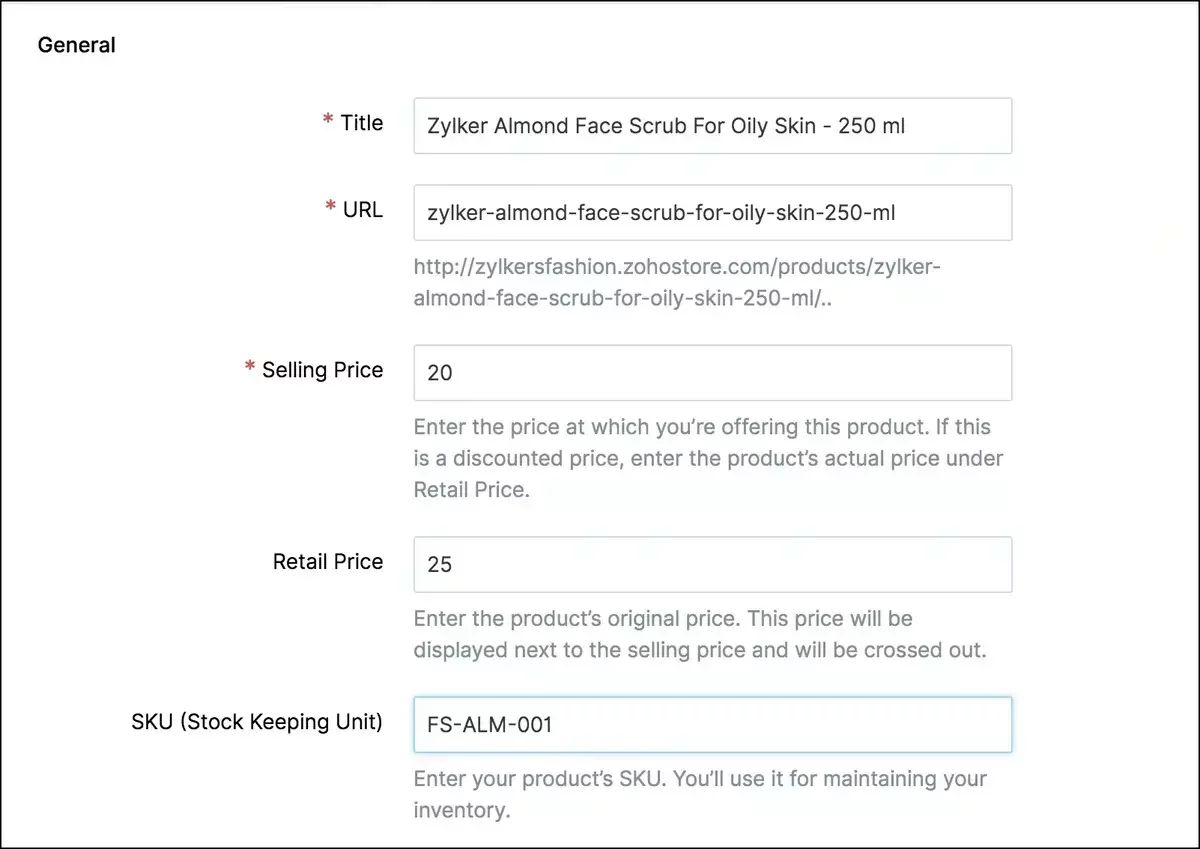 This image shows a product setup form in an e-commerce platform, with fields for title, URL, selling price, retail price, and SKU.