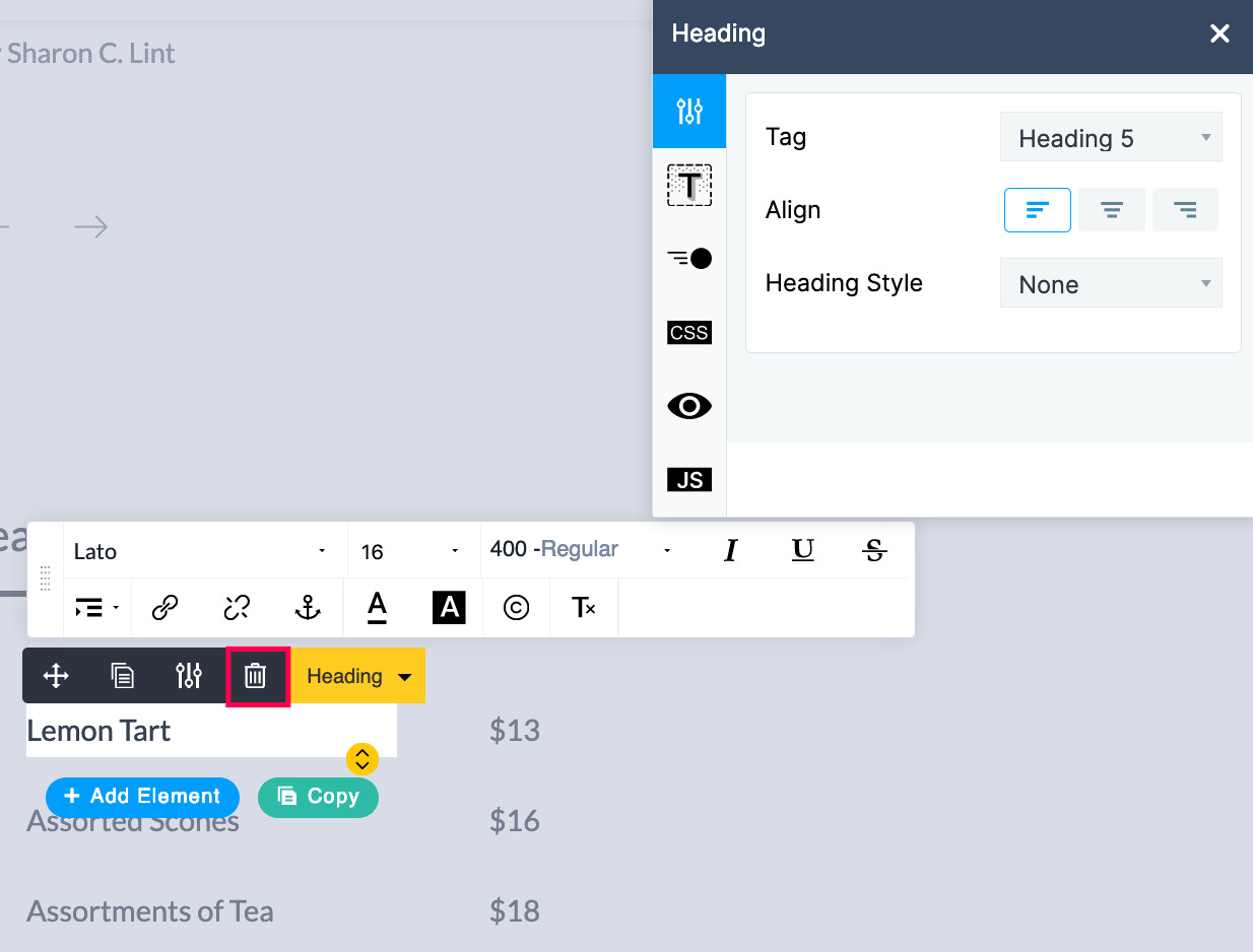 This image shows a visual web editor interface with text formatting options, heading settings, and controls for alignment, tag selection, and element deletion.