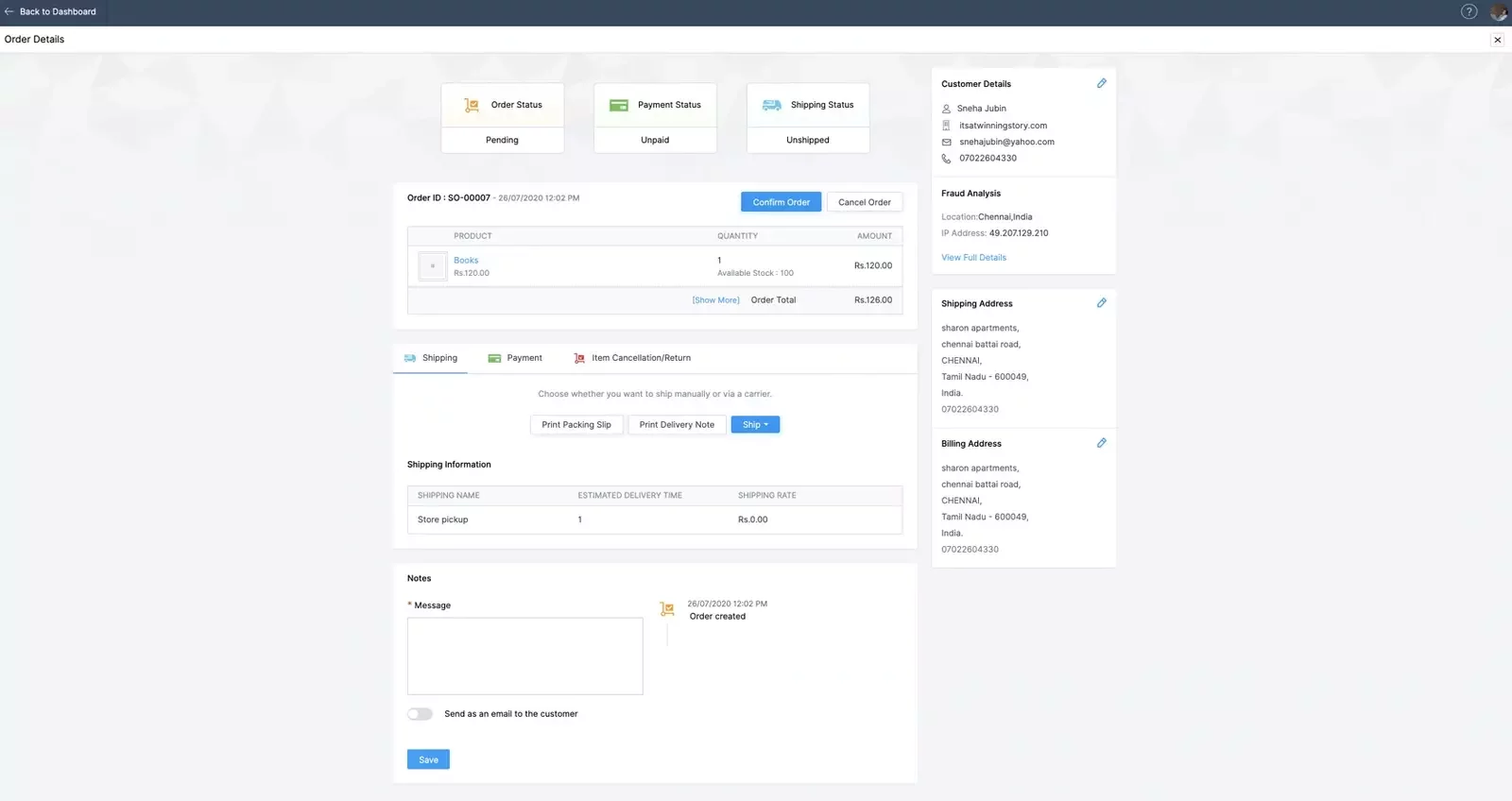 This image shows a Zoho Commerce order management dashboard, displaying order details, customer information, shipping options, and payment status for a retail transaction.