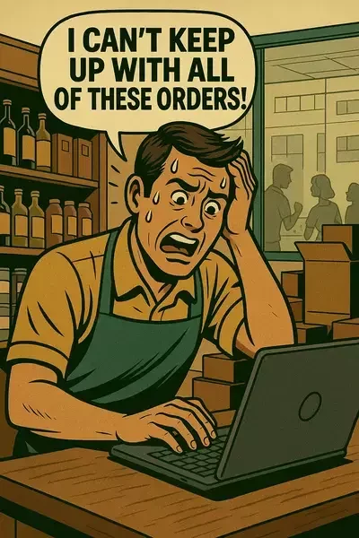 This image shows a stressed shop worker in a classic comic book style, sweating and clutching his head while looking at a laptop. He is surrounded by retail shelves and boxes, with a speech bubble saying, "I can't keep up with all of these orders!"