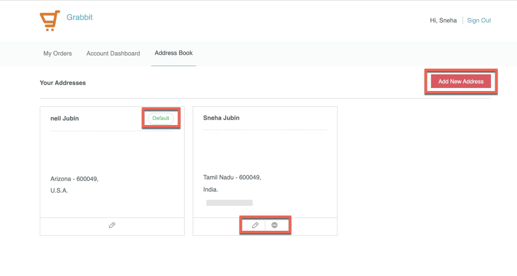This image shows a customer address book within a retail member portal, featuring saved addresses, a default address label, and options to add, edit, or delete addresses.