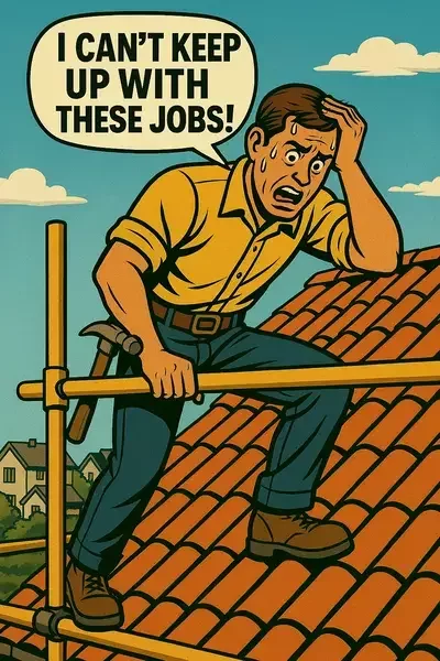 This image shows a cartoon-style plasterer in a distressed state, sweating and kneeling beside a bucket of plaster with tools and a ladder in the background. A speech bubble above him says, “I can’t organise these jobs!”