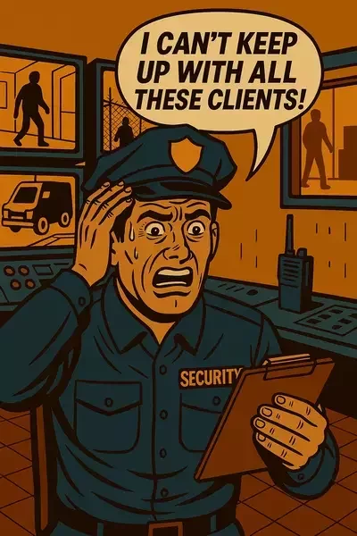Comic book style illustration of a worried security guard monitoring multiple CCTV screens, holding a clipboard, with a speech bubble saying "I can't keep up with all these clients!"