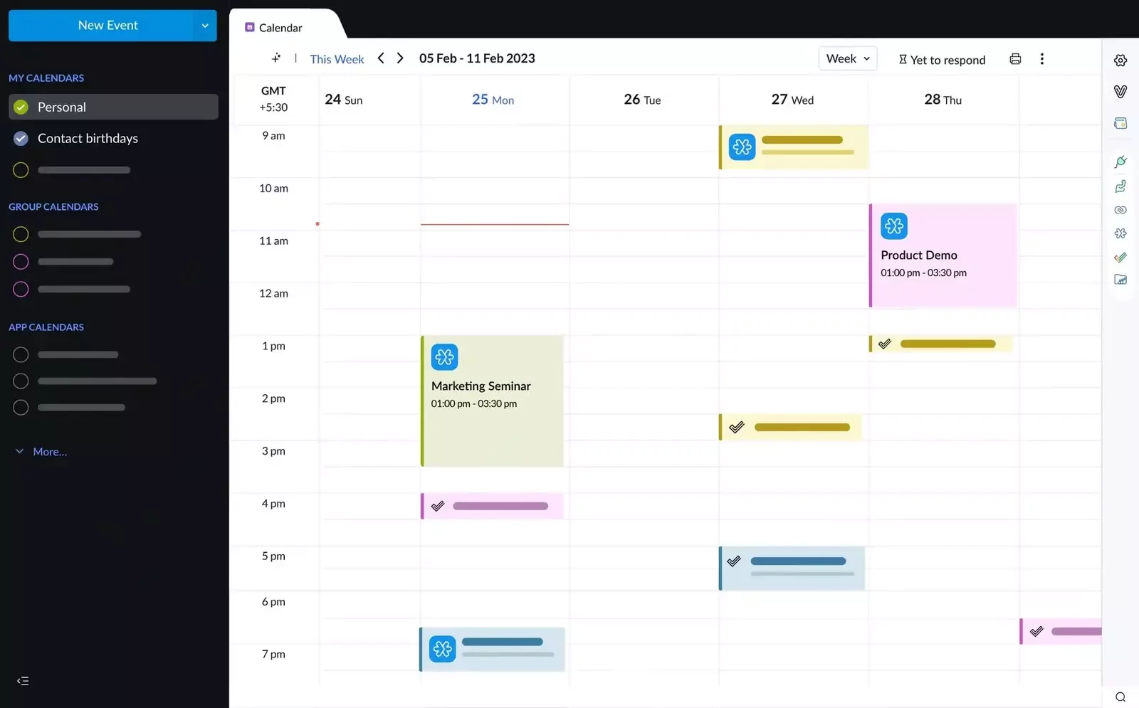 This image shows a digital calendar interface with a weekly view, including color-coded events, meetings, and appointments for efficient scheduling and time management.
