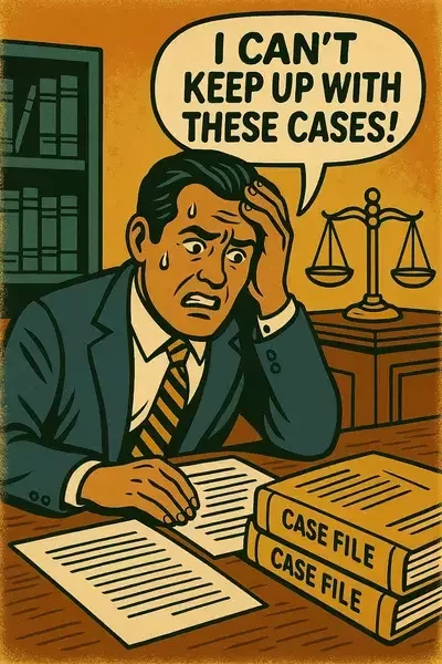 This image shows a cartoon-style lawyer sweating at a desk piled with paperwork and case files, saying, “I can’t keep up with these cases!”