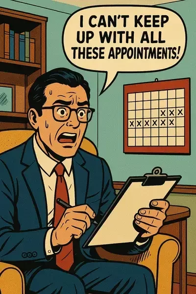 This image shows a comic-style illustration of a stressed therapist in an office, holding a clipboard and saying, "I can't keep up with all these appointments!"