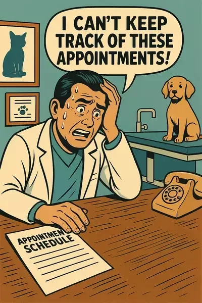 This image shows a stressed veterinarian sweating over an appointment schedule, saying “I can’t keep track of these appointments,” while a dog waits on the exam table.