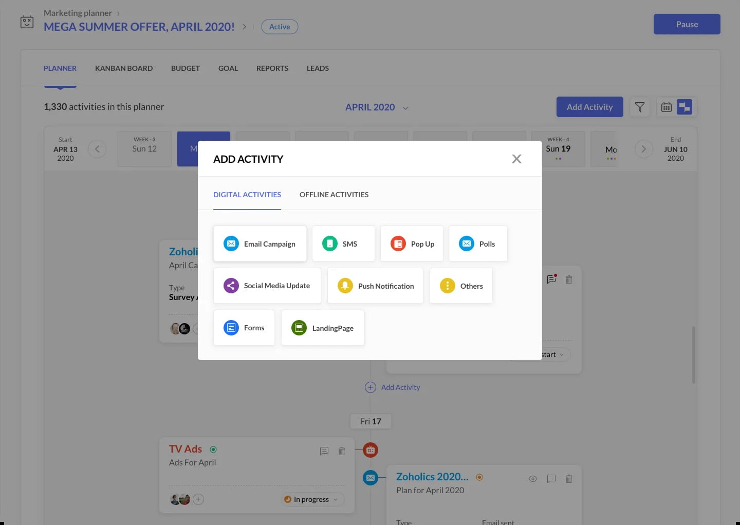 This image shows how, with Zoho Marketing Automation, businesses can set objectives and manage activities, such as email campaigns, SMS, social media updates, and more. The platform helps streamline digital and offline activities within a marketing planner for better tracking.