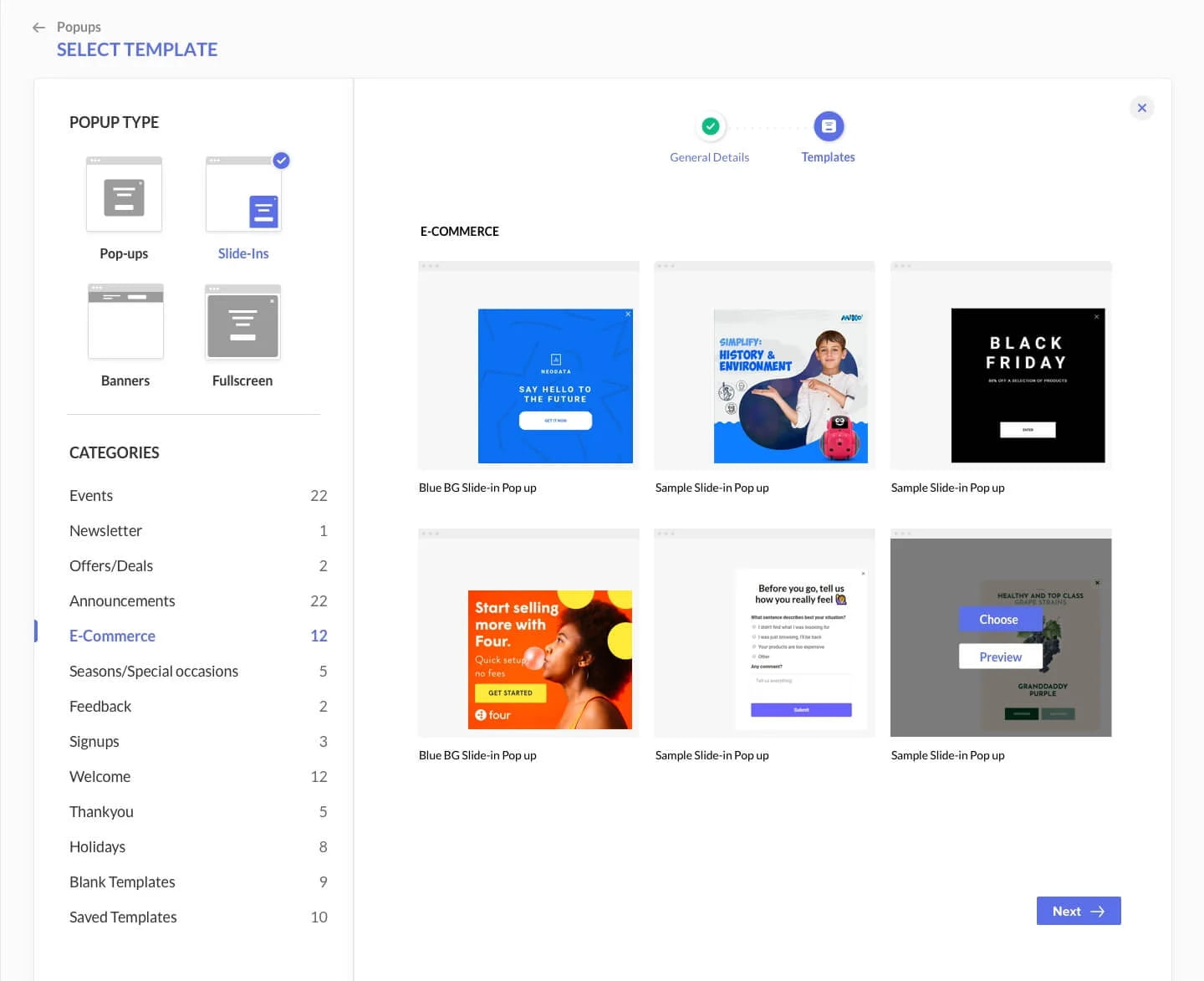 This image showcases Zoho Marketing Automation's pop-up template options. Businesses can use these customisable slide-ins and pop-ups to create promotional and interactive content to engage visitors and drive actions.