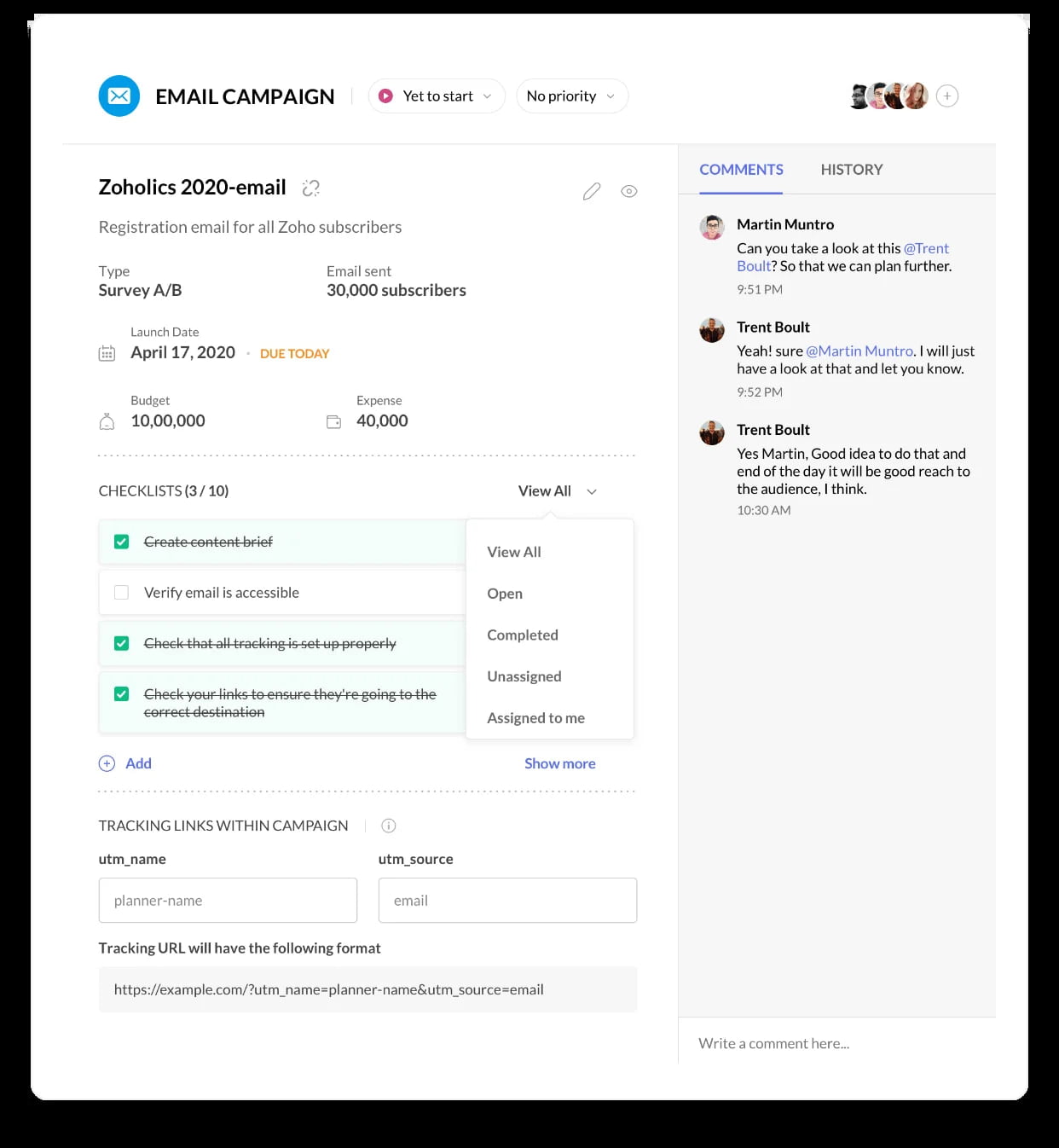 This image shows Zoho Marketing Automation's campaign planning interface. It helps businesses manage tasks such as setting budgets, sending emails, creating checklists, and tracking UTM links, ensuring smooth execution and collaboration during campaign planning and management.