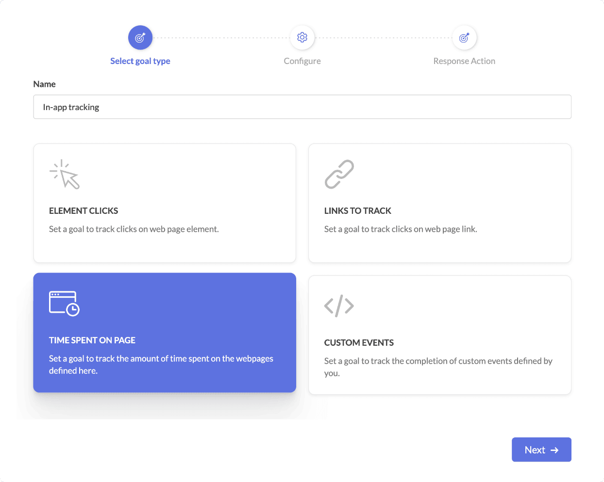 This image shows Zoho Marketing Automation's in-app tracking, allowing businesses to set goals for tracking user interactions. We can help to track element clicks, link clicks, time spent on pages, or custom events, helping businesses measure engagement and optimise their app experience.