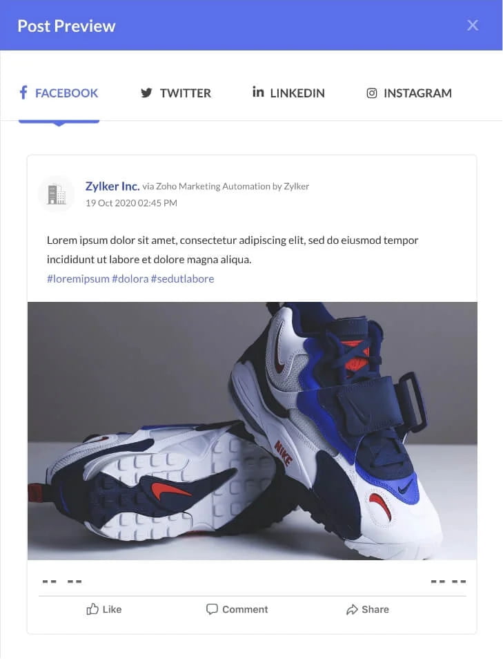 This image shows a social media post preview in Zoho Marketing Automation, allowing businesses to schedule and manage posts across platforms like Facebook, Twitter, LinkedIn, and Instagram helping to streamline their social media marketing efforts to engage customers and enhance brand visibility.