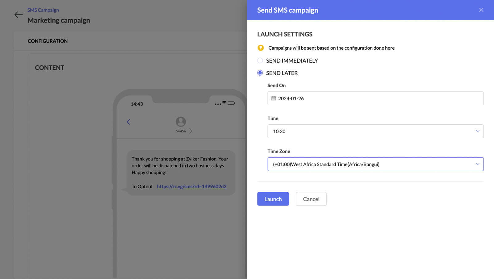This image shows Zoho Marketing Automation's SMS campaign feature, allowing businesses to send personalised SMS messages. With Zoho, businesses can schedule SMS campaigns, set delivery times, and engage customers effectively all with automated messaging.