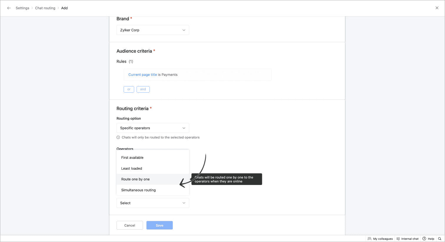 This image shows the chat routing settings in Zoho SalesIQ, where you can set specific operators or departments to handle chats based on criteria like page title. At Fusion Flow, we help set up routing rules that direct chats to the right team for better customer support and faster responses.