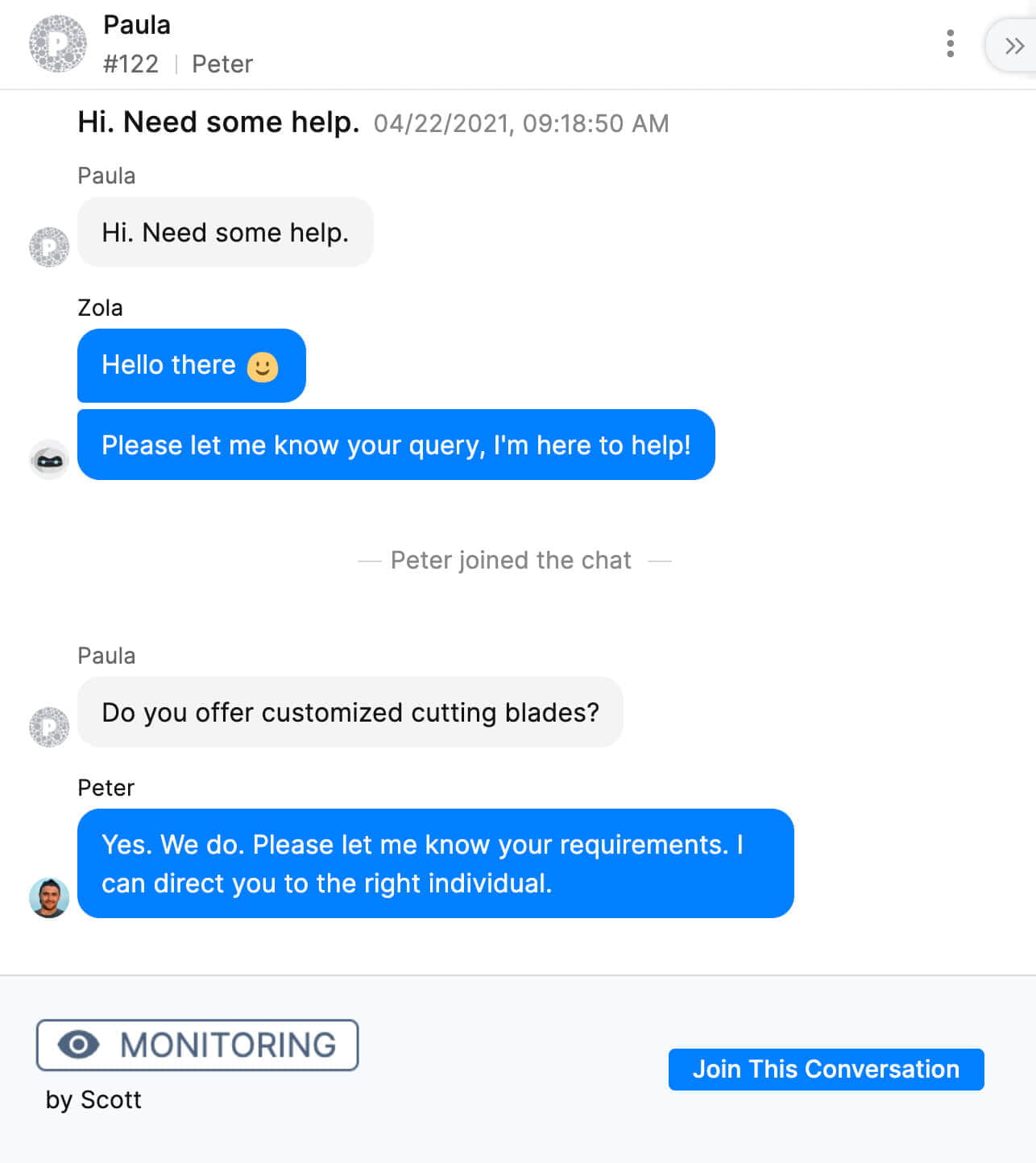 This image shows a live chat between Paula and Peter, with Scott monitoring the conversation. Fusion Flow, with Zoho SalesIQ, helps businesses monitor live chats, allowing support teams to track interactions and provide immediate assistance when needed.