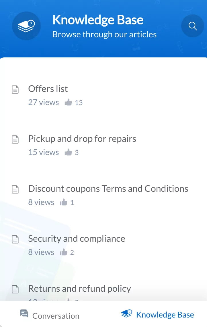 This image shows a knowledge base with articles listed, such as "Offers list" and "Returns and refund policy." At Fusion Flow, we use Zoho SalesIQ to help businesses set up and manage articles in a knowledge base, providing customers with quick, self-service answers through live chat integration.