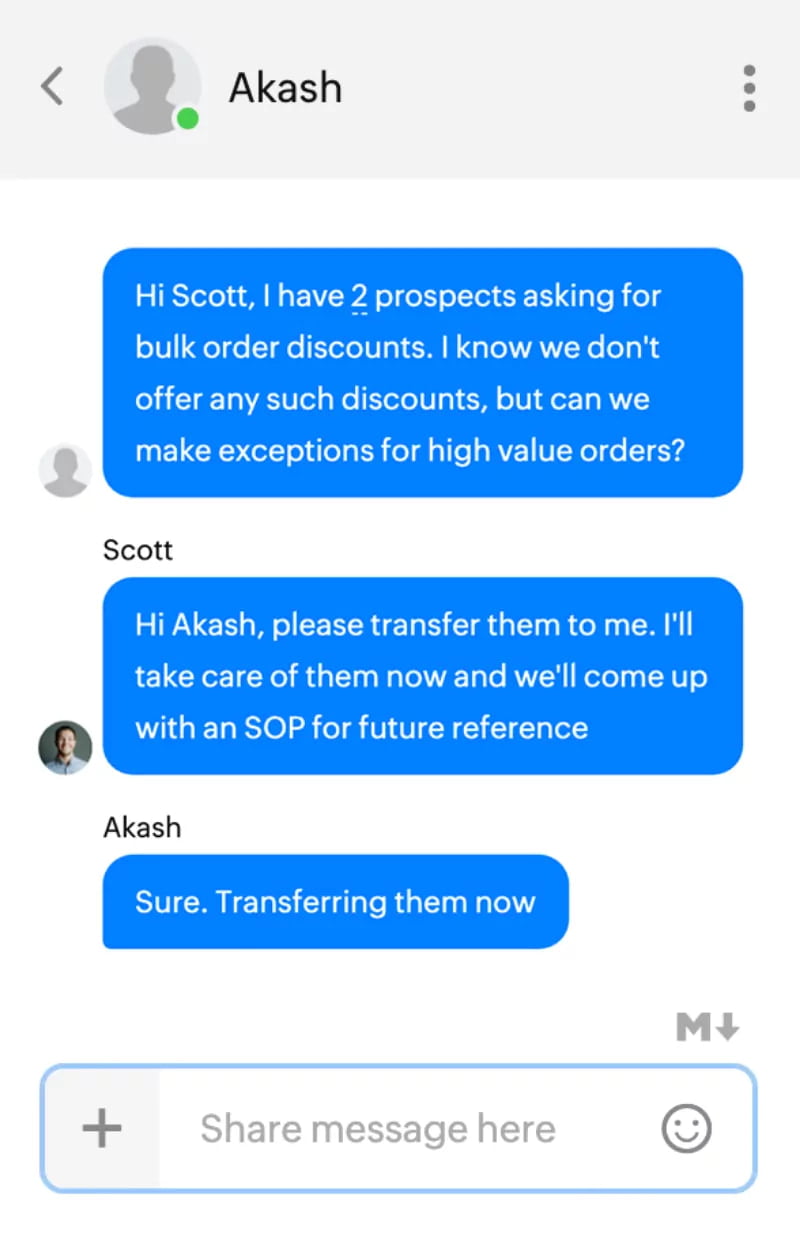 This image shows a conversation between Akash and Scott discussing a request for bulk order discounts. With Zoho SalesIQ, we help businesses streamline internal communication, allowing employees to message and collaborate effectively, ensuring efficient customer service and team coordination.