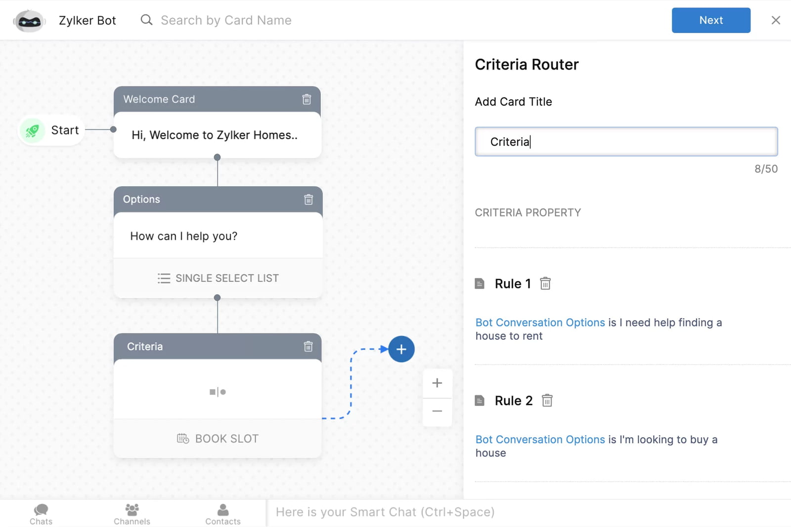 This image shows the codeless bot builder in Zoho SalesIQ, where you can create interactive conversations for your website visitors. At Fusion Flow, we help businesses set up and customise bots like this to automate customer interactions, improving engagement without writing any code.