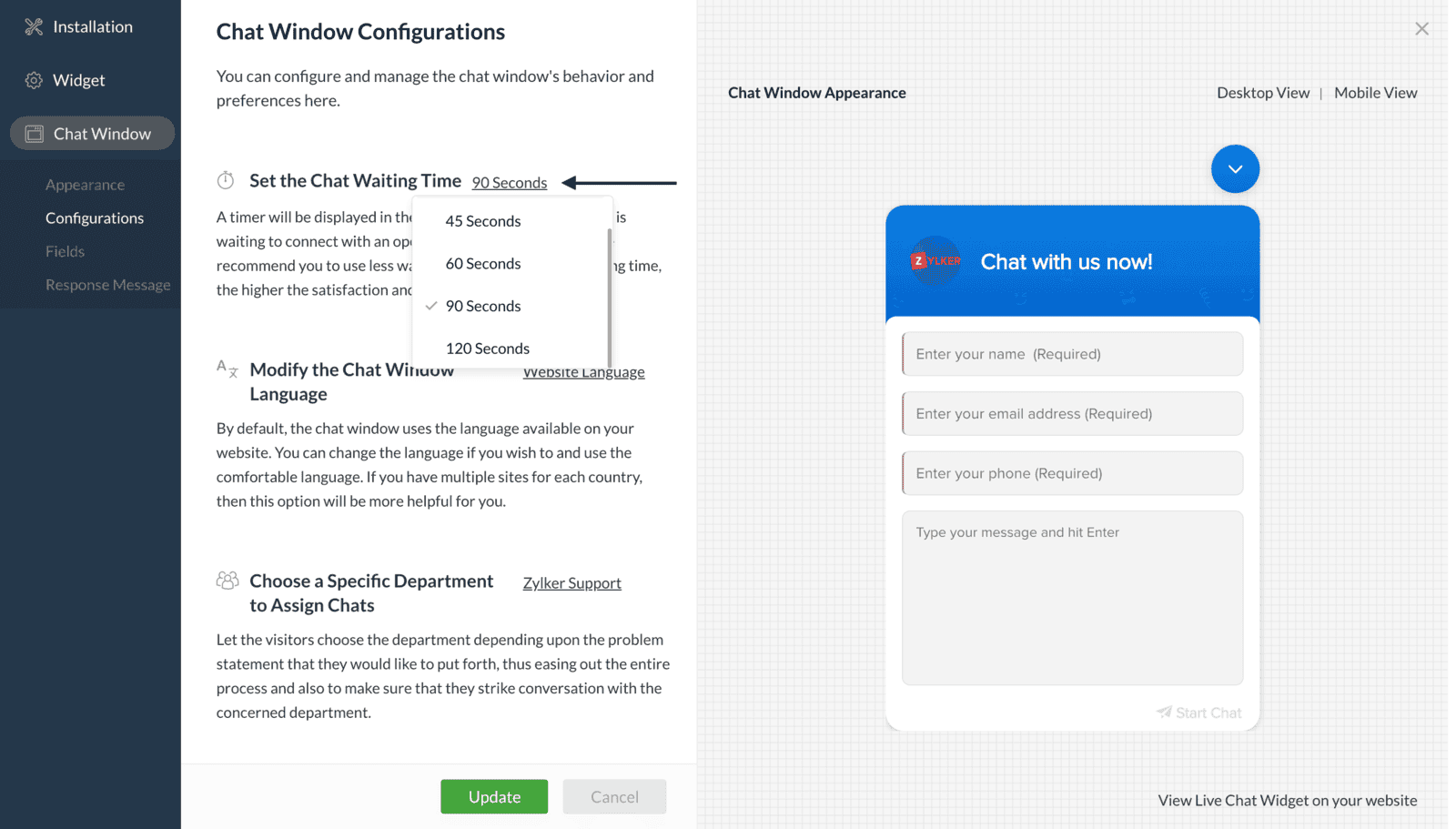 This image shows the configuration settings for setting chat wait time in Zoho SalesIQ, where you can choose from 45, 60, 90, or 120 seconds. We at Fusion Flow can help you set automated wait messages, ensuring a smooth and responsive experience for your visitors, even while they wait.