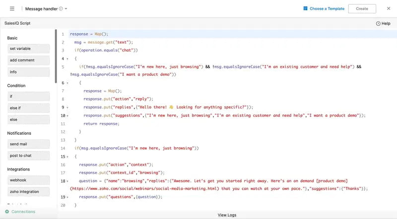 This image shows a custom script being set up for a bot in Zoho SalesIQ, handling different user queries based on specific conditions. At Fusion Flow, we help businesses create personalised bots like this, tailoring responses and interactions to enhance customer engagement and support.