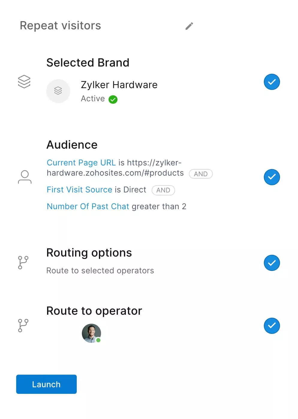 This image shows Zoho SalesIQ’s chat routing setup, where visitors are filtered based on criteria such as page URL, visit source, and previous chats. At Fusion Flow, we can help you optimise chat routing to direct visitors to the right operator, enhancing response efficiency and customer experience.
