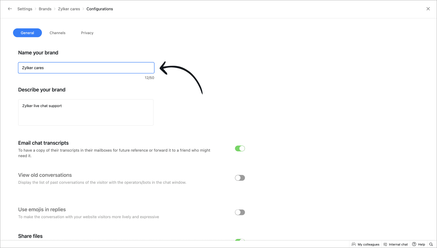This image shows the brand configuration settings in Zoho SalesIQ, where you can name and describe your brand, customise chat features, and enable email transcripts. At Fusion Flow, we help personalise Zoho SalesIQ to align with your brand’s voice, improving user engagement and support.