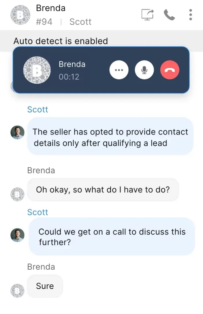 This image shows a conversation between Brenda and Scott, where Scott suggests a call to discuss further. At Fusion Flow, with Zoho SalesIQ, we enable your business to engage customers via live audio calls and screen sharing, offering seamless communication for effective support and collaboration.