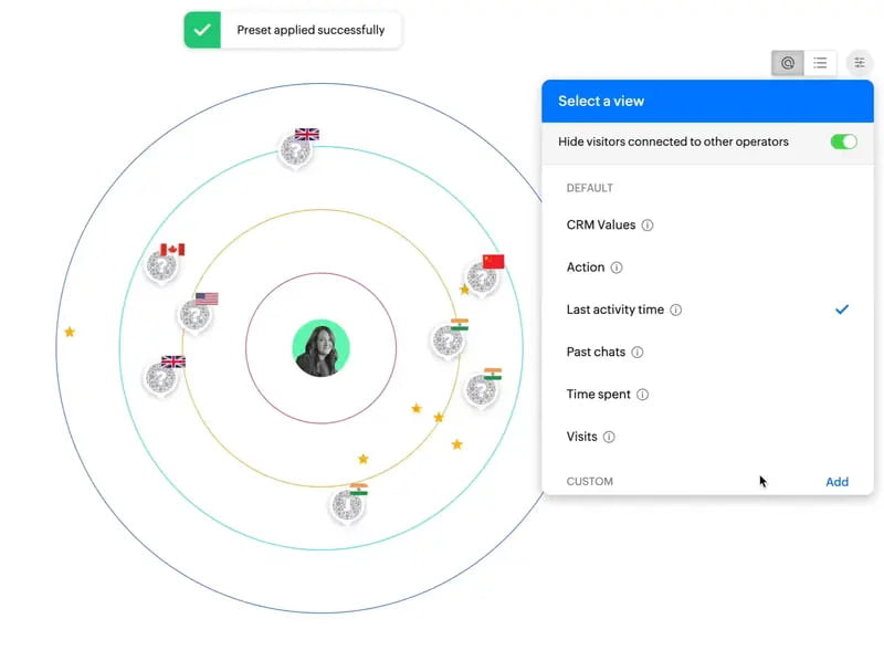 This image shows the Zoho SalesIQ dashboard, highlighting different views such as "CRM Values," "Action," "Last Activity Time," and more for visitor insights. With Zoho SalesIQ, we can help you track and analyse visitor activity in real-time, enabling you to engage and convert leads effectively.